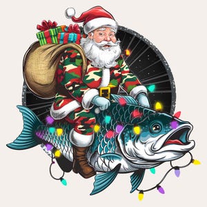 Babbo Natale su un pesce gatto PNG / Divertente pesca natalizia PNG / Pesce gatto con cappello da Babbo Natale / Immagine a sublimazione per la stampa / Disegno natalizio del pesce gatto