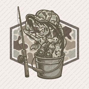 Camo bass in bucket PNG | Funny fishing sublimation design | Bass fishing clipart | Fishing humor shirt print file for anglers
