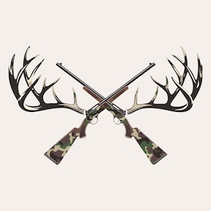 Chifres de Veado e Rifles Cruzados PNG | Design de Logotipo de Caça | Clipart de Chifres e Rifles | Download Digital para Sublimação e Artesanato