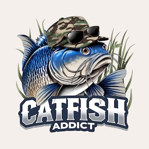 Fanático del bagre PNG / Diseño de camiseta de pesca de bagre azul / Cita divertida sobre peces PNG / Bagre con gafas de sol PNG / Pez con gorra al revés PNG