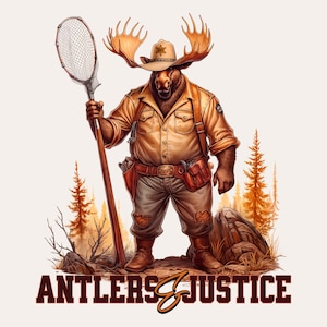 Elch im Sheriffhut mit Fischernetz PNG | Lustiges Tierdesign | Druckbare Illustration für Jagen und Angeln-Liebhaber