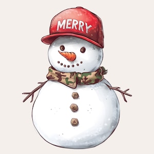 Vintage sneeuwpop met camouflagesjaal, png | Rustieke kunst vrolijk kerstfeest | Sublimatiebestand sneeuwpopvakantie | Feestelijke kerst digitaal