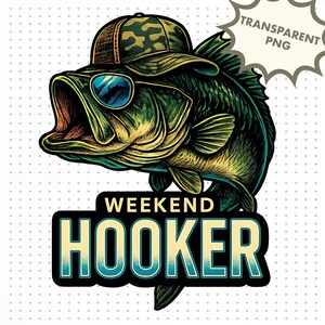 Prostituta de fin de semana PNG / Divertido diseño de sublimación de lubina con gorra de camuflaje y gafas de sol / Impresión de pesca genial para camisetas y equipo de pescador