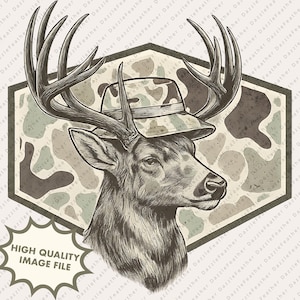 Camo Deer Hunting PNG Sublimation Design | Buck with Camouflage Hat Transparent Background | Funny Hunter Clipart for Shirts, Mugs, Hats