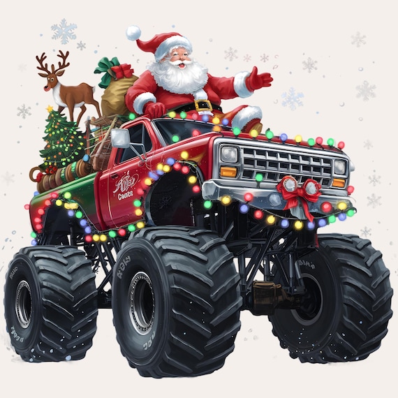 Monster Red Truck With Santa, Christmas Tree, Reindeer T-Shirt Monster Red Truck With Santa, Christmas Tree, Reindeer T-Shirt