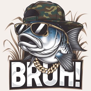 Sublimación PNG de pesca de lubina / Pez con gorra al revés PNG / Clipart de pesca divertido / Bruh PNG / Descarga digital de pesca para niños / Diseño de pesca