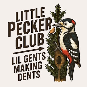 Little Pecker Club, png | Grappige specht jongens buiten boomsublimatie ontwerp 300 dpi afbeeldingsafdrukbestand voor rustieke kinderen boskleding
