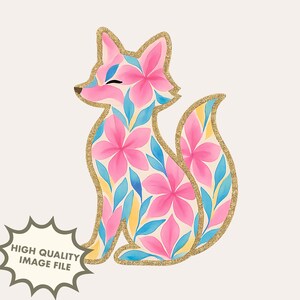 Clipart Floral Renard PNG | Sublimation de renard de fleur d'aquarelle | Motif animal des bois rose bleu bohème | Fichier d'impression de renard mignon