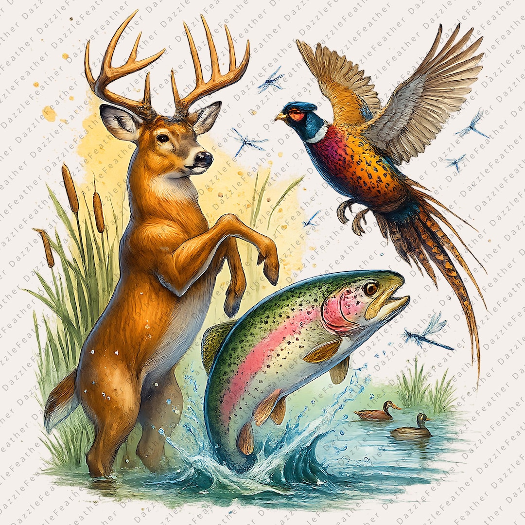 Deer Trout Pheasant Hunting Fishing PNG Sublimation | Wildlife Nature ...
