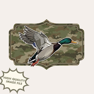 Camo Duck PNG Sublimation, Flying Mallard Framed with Hunting Camouflage Background, Waterfowl Shirt Print for Hunters and Outdoorsmen