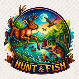 Hunt and fish PNG | Deer and bass fishing sublimation design | Hunting and fishing clipart | Outdoor sports shirt print file