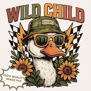 Pato selvagem PNG, ganso engraçado em óculos de sol sublimados, design retrô de pássaro da natureza com girassóis, estampa de camiseta legal para atividades ao ar livre