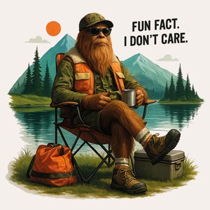 Yeti engraçado de acampamento PNG | Design "Curiosidade: Eu não me importo" | Sasquatch com caneca de café | Arte de humor ao ar livre | Impressão por sublimação | Arquivo DTG