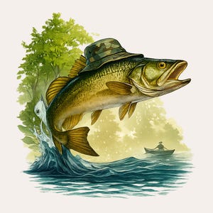 Largemouth Bass Fishing PNG Sublimation Nature Scene | Jumping Bass Over Lake Graphic with Fisherman Boat and Trees for Outdoor Anglers