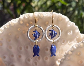 Royal Blue & White Fish Dangle Earrings, Blue Beachy Boho Fish Earrings, Summer Blue Fish Earrings