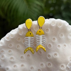 Colorful Enamel Fish Bone Earrings: Beachy Boho Dangle Earrings