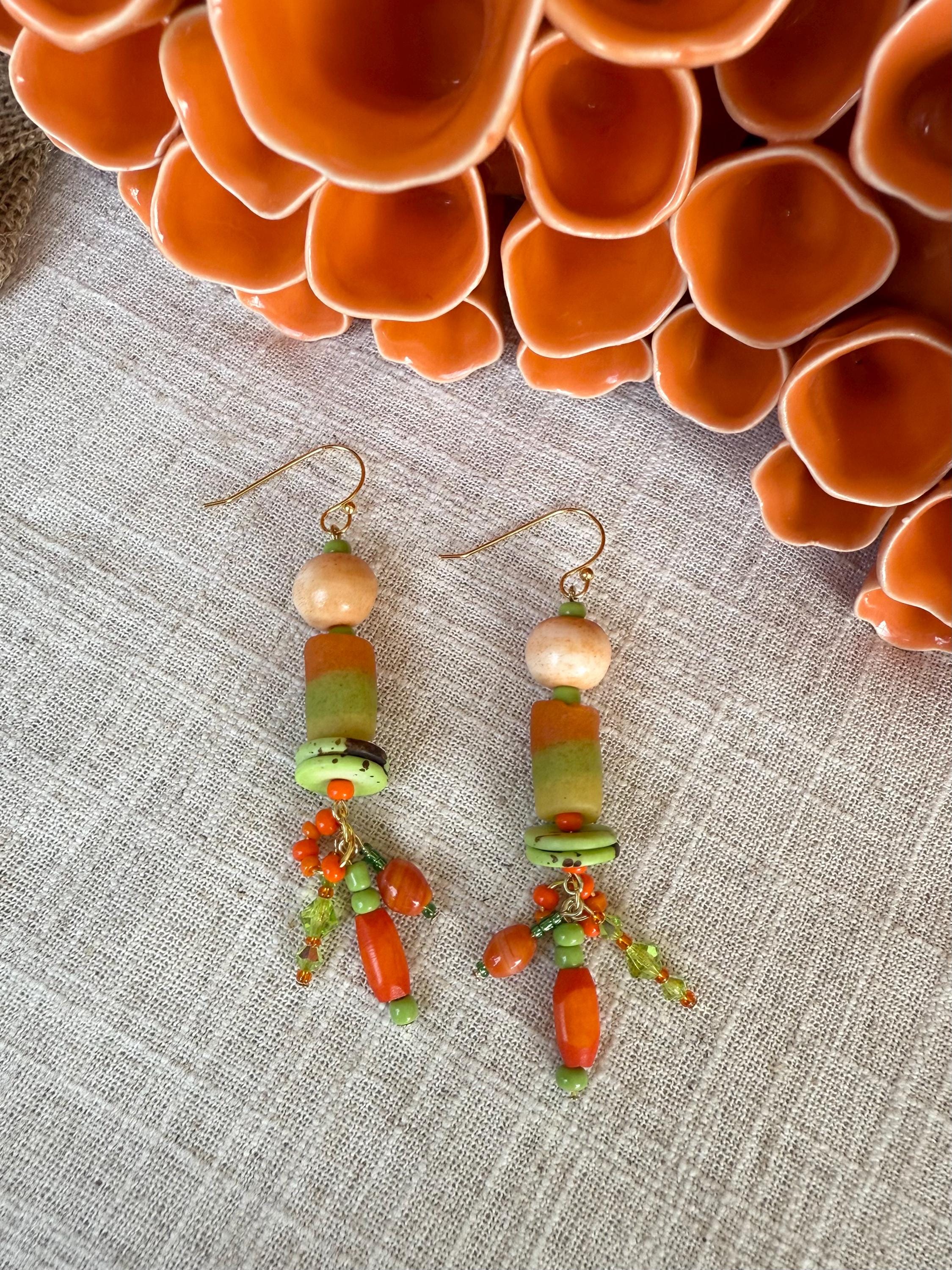 Bohemian Bling Orange & Green Dangle Earrings, Island Orange and Green Earrings, African Tribal Orange and Green Long Dangle Earrings