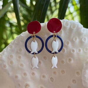 Enamel Fish Dangle Earrings: 18k Gold Plated, Beachy Boho