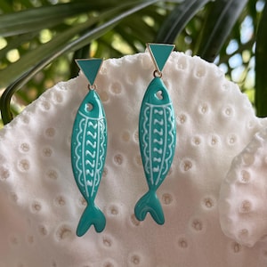 Colorful Enamel Fish Dangle Earrings: Beachy Boho Sardine Charms
