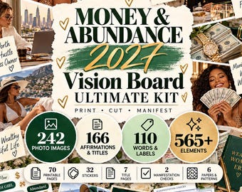 May include: A digital vision board kit titled Money & Abundance 2027 Vision Board Ultimate Kit. It includes 242 photo images, 166 affirmations, 110 words, and 565+ elements. Features include 70 printable pages, 32 stickers, 7 title pages, 2 manifestation checks, and 6 patterns. Text includes Print, Cut, Manifest, and Get Your First Million.
