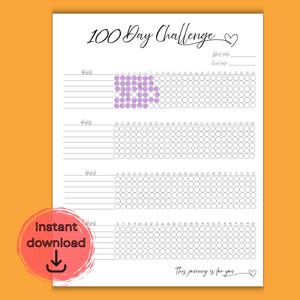 Op de afbeelding: Een afdrukbare 100 Day Challenge gewoonte tracker op wit papier. De titel "100 Day Challenge" is in cursief geschreven. De tracker bevat ruimtes voor gewoonten en een raster om de voortgang te markeren. Een rode cirkel met "Direct downloaden" staat linksonder.
