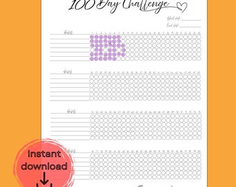 May include: A printable 100 Day Challenge habit tracker on white paper. The title "100 Day Challenge" is written in cursive. The tracker includes spaces for habits and a grid to mark progress. A red circle with the words "Instant download" is in the bottom left.
