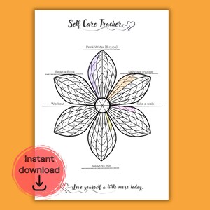 May include: A black and white self-care tracker printable with a flower design. The tracker includes prompts for drinking water, reading, skincare, working out, taking a walk, and reading. The words "Instant download" are also visible.