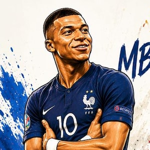 Può includere: Un'illustrazione digitale di Kylian Mbappé che indossa una maglia blu scuro con il numero 10, pantaloncini bianchi con il numero 10 e calzettoni rossi. Il testo MBAPPÉ 10 appare in alto a destra con un'icona a corona dorata sopra il nome.