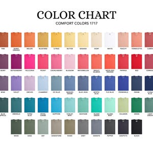 Puede incluir: Una carta de colores para camisetas Comfort Colors 1717, que muestra una cuadr&iacute;cula de numerosas muestras de tela en varios tonos, incluidos espresso, yam, burnt orange, melon, mustard, citrus, butter, banana, ivory, white, peachy, terracotta, cumin y brick.