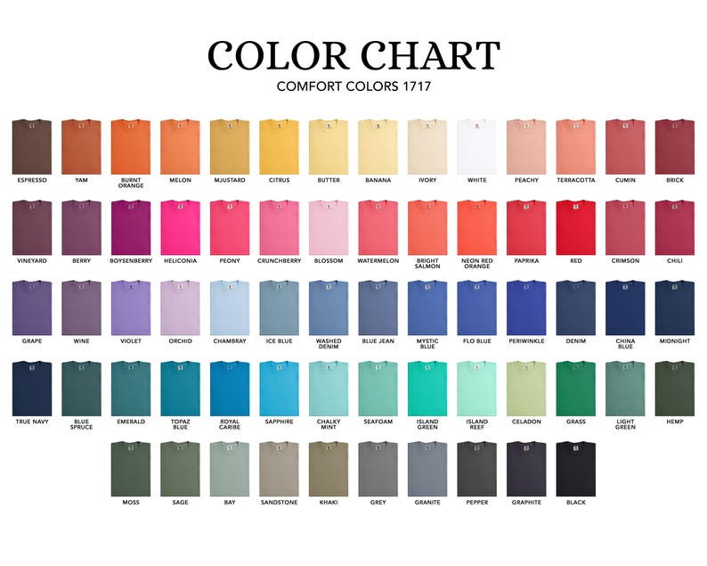 Puede incluir: Una carta de colores para camisetas Comfort Colors 1717, que muestra una cuadr&iacute;cula de numerosas muestras de tela en varios tonos, incluidos espresso, yam, burnt orange, melon, mustard, citrus, butter, banana, ivory, white, peachy, terracotta, cumin y brick.