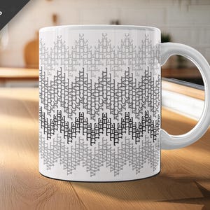 May include: White ceramic mug with a repeating pattern of the words "THE ACTUAL WHAT FUCK" in a gradient of gray and black. The mug has a white handle and the text "Choose from TWO SIZES" in the upper left corner.