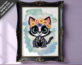 Sugar Skull Kitten Art Print: Dia de los Muertos, Pastel Goth Halloween Decor