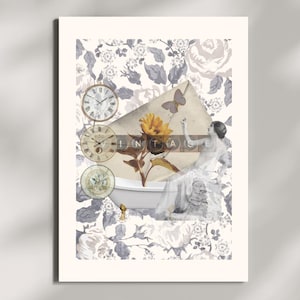 Puede incluir: Impresión artística de temática vintage con una mujer en una bañera, un girasol, mariposas y relojes antiguos. El fondo tiene un estampado floral en tonos grises y blancos. La palabra "VINTAGE" está impresa.