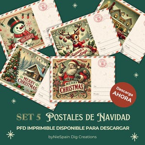 Set de 5 Postales de Navidad Vintage – Tarjetas Navideñas Imprimibles, Decoraciones Navideñas Retro, Arte Navideño Nostálgico