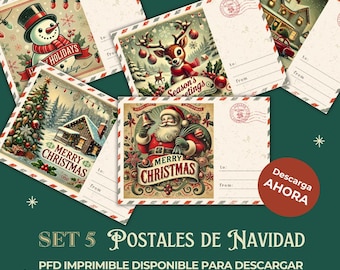 Set de 5 Postales de Navidad Vintage – Tarjetas Navideñas Imprimibles, Decoraciones Navideñas Retro, Arte Navideño Nostálgico