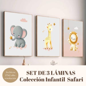 Set de 3 Láminas Infantiles Animales | Decoración Guardería y Bebé | Cuadros Digitales Descargables | Elefante, León y Jirafa - Safari