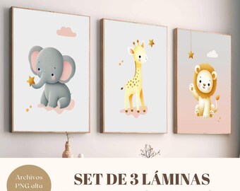 Set of 3 Animal Prints for Kids | Nursery and Baby Decor | Downloadable Digital Pictures | Elephant, Lion and Giraffe - Safari