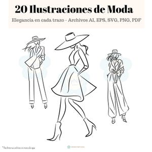 Puede incluir: Tres dibujos en blanco y negro de mujeres con diferentes estilos de moda. Las mujeres llevan sombreros, vestidos y pantalones. Los dibujos son simples y elegantes.