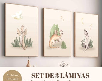 Set of 3 Children&#39;s Dragon Prints | Nursery and Children&#39;s Room Decoration | Downloadable Digital Art | Watercolor Style