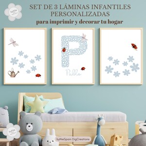 Set of 3 Personalized Children&#39;s Prints - Children&#39;s Bedroom Decoration - Print with Name - Dragonflies and Ladybugs - Children&#39;s Digital Art
