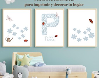 Set of 3 Personalized Children&#39;s Prints - Children&#39;s Bedroom Decoration - Print with Name - Dragonflies and Ladybugs - Children&#39;s Digital Art