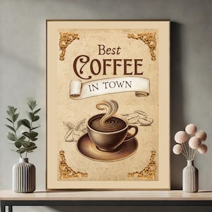 Lámina Vintage Rincón del Café, Decoración Retro Clásica, Póster de Café Imprimible, Cartel Estilo Antiguo para Cocina o Cafetería