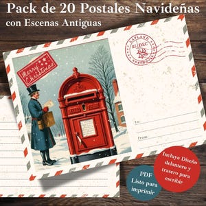 Pack de 20 Tarjetas Navideñas Imprimibles Vintage | Set de Postales Retro con Escenas Navideñas Antiguas | PDF Digital para Navidad