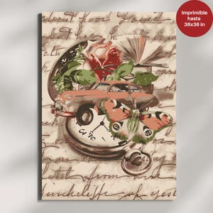 May include: A vintage-style print featuring a classic car, a pocket watch, a rose, and a butterfly. The artwork has a sepia tone with handwritten script in the background. The print is available up to 36x36 inches.
