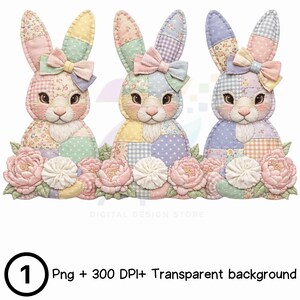 Patchwork Easter Bunnies Trio PNG – Quilted Vintage Easter Bunny Clipart