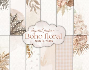 Pacote de Papel Digital Floral Boho, Scrapbook e Diário de Arte (Download Digital)