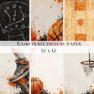 Puede incluir: Una colección de papel digital con temática de baloncesto que incluye una pizarra táctica, un balón, una cancha, una zapatilla de deporte y una canasta. Los gráficos incluyen salpicaduras de pintura naranja y negra y texto.