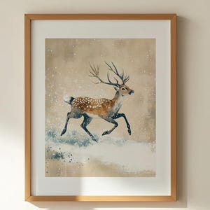 Cervo che Corre nella Neve Arte Japandi, Decorazione Murale Minimalista Animali, Stampa Zen del Bosco, Regalo Natura, Download Digitale