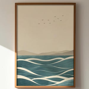 Orizzonti Tranquilli Arte Murale Japandi, Onde Oceaniche Minimaliste, Paesaggio Marino Zen, Decor Moderno, Download Digitale Casa