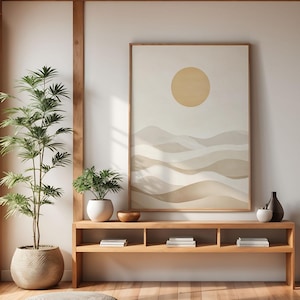 Dune Minimaliste e Sole Dorato Arte Japandi, Stampa Paesaggio Astratto Wabi-Sabi, Decorazione Toni Terrosi, Poster Digitale